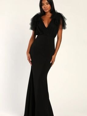 Lulus Fabulous Fun Black Tulle Flutter Sleeve Mermaid Maxi